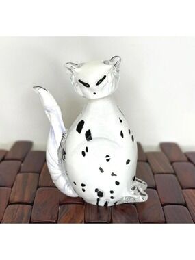Vintage Art Glass Cat Figurine White Black Spotted Hand Blown Studio Glass